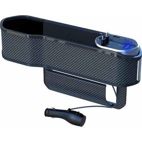 Organizador de asiento de coche con carga USB, portavasos para guardar vasos, llaves, billetera, compatible con carga inalámbrica por fibra óptica. (1/5)
