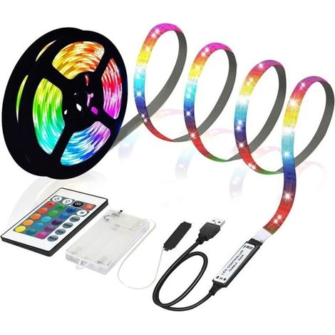 Ruban LED RVB 5050 à piles ou USB, 5 m, intensité variable réglable à distance, 16 couleurs, découpable pour rétroéclairage TV, armoires, escaliers (1/5)