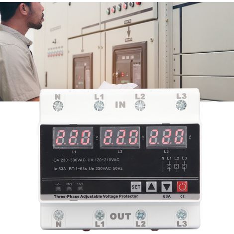 Intelligentes DIN-Schienen-Voltmeter und -Amperemeter mit einstellbarem Über- und Unterspannungsschutz, 120–300 V AC, 63 A (1/5)