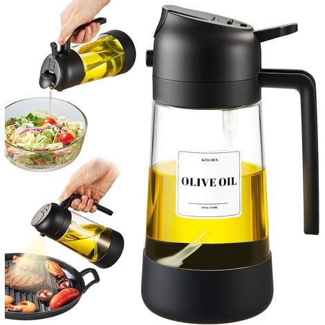 doseur d'huile avec fond en silicone, pulvérisateur et distributeur d'huile d'olive 2 en 1, flacon pulvérisateur d'huile 470 ml pour cuisine, barbecue, friteuse à air, salade (1/5)