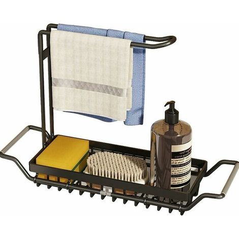 Organisateur de Cuisine, Porte Eponge Evier Support de Cuisine Acier Inoxydable Rangement Evier avec Porte-Serviettes Support Eponge Evier télescopique (Noir) - Noir (1/5)