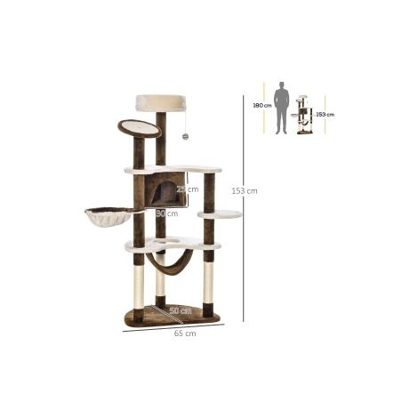 Arbre à chat XXL 153 cm avec niche, hamac et jouet en peluche brun pour jeu et détente (1/5)