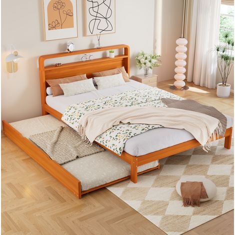 Lit en bois 140 x 200 cm avec lit gigogne 90 x 190 cm, naturel, tête de lit arrondie OKMYHOME (1/5)