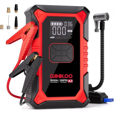 Démarreur de Batterie Voiture 3000A avec Compresseur 150 PSI et Power Bank, Booster Portable pour Véhicules 12V (Jusqu'à 9.0L Essence/6.5L Diesel), Écran Digital et LED (1/5)
