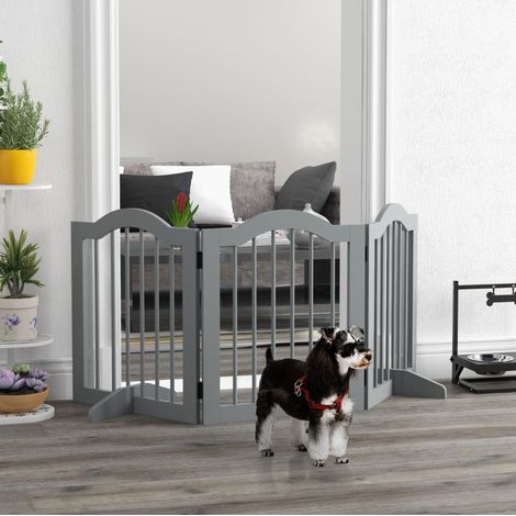 Barrera plegable para perros 154,5 x 61 cm en madera gris claro con puerta (1/5)