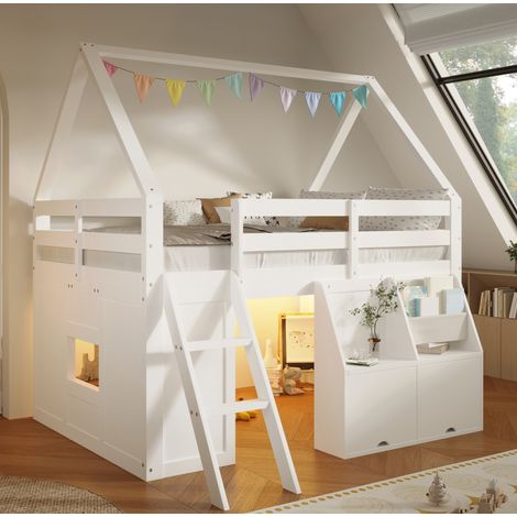 Cama infantil casita 140x200 cm con LED, almacenaje y escalera HAVRYA (1/5)