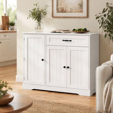 MEUBLIV Aparador blanco 107x40x84 cm – 3 puertas, 1 cajón, almacenamiento modular (1/5)