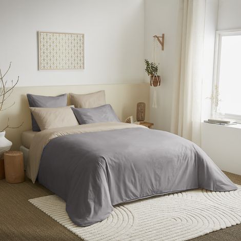 Pack complet 6 pièces Taupe/Lin réversible housse de couette pour lit 160 x 200 cm - Lin - (1/2)