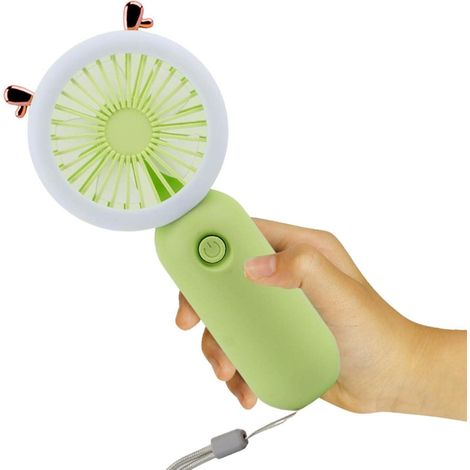 Mini ventilateur portatif LED vert - Ventilateur main rechargeable USB, 3 vitesses ajustables, lampe de nuit intégrée, idéal voyage et bureau (1/5)