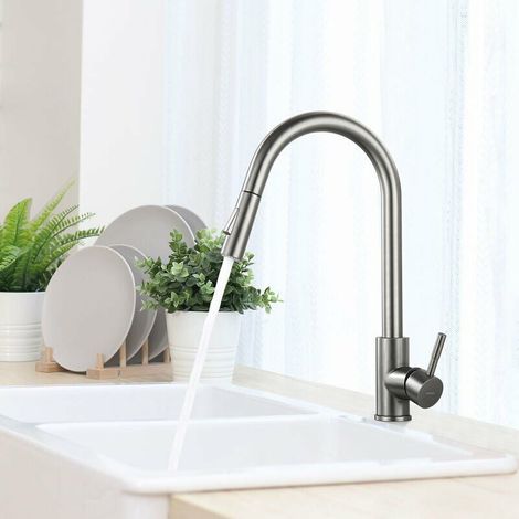Robinet de cuisine à profil bas de couleur galvanisée avec douchette extractible à 360°, mitigeur d'évier de cuisine en acier inoxydable rotatif, mitigeur de cuisine à 2 fonctions avec tuyau de 60 cm (1/4)