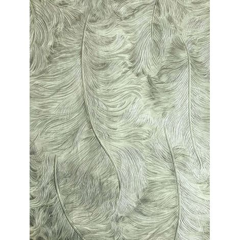 Empapelado de lujo exclusivo Profhome 822201 papel pintado vinílico gofrado con plumas brillante gris verde-blanquecino 5,33 m2