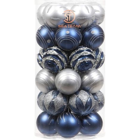 QAZQA Sea Team 60mm/2.36" Ensemble d’Ornements Peints en Couleur et étincelants et de Boules suspendues pour Sapin de Noël - 30 pièces-bleu
