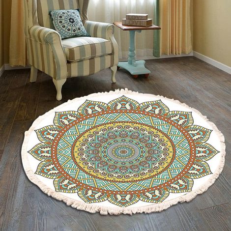 Tapis Boho Vintage en Coton, Motif Mandala, Lavable Tissé Main Rond Bohémien avec Franges pour Chambre, Couloir, Salon, Table Basse, Paillasson, Machine Lavable, 60 cm, Fleurs 23 (1/5)