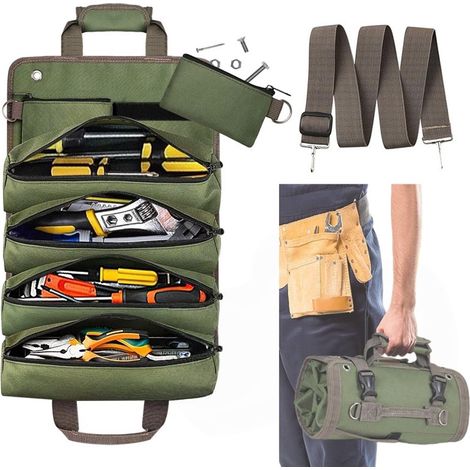 Borsa portautensili arrotolabile con 2 tasche con cerniera rimovibili, organizer in tessuto Oxford, per uomo e donna, borsa multiuso, ideale per idraulici e artigiani. (1/3)