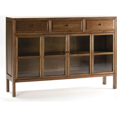 Buffet 2 portes vitrées 3 tiroirs bois massif foncé (1/2)