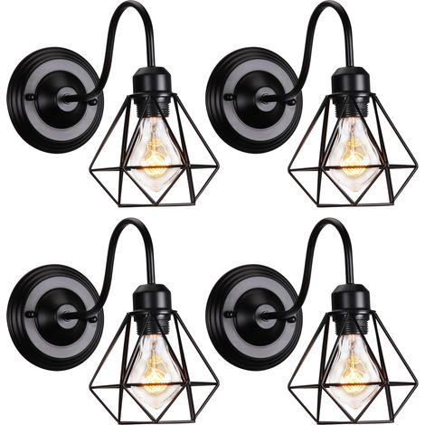 Luce a Muro Interno Design Gabbia Diamant Retrò Vintage Illuminazione E27 per Soggiorno Camera da Letto Scale Nero 4 Pezzi (1/5)