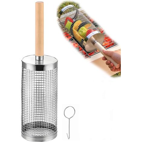 Panier à barbecue cylindrique en acier inoxydable 304 – grille de cuisson rotative avec poignée bois amovible pour légumes, viande et repas en plein air (1/5)
