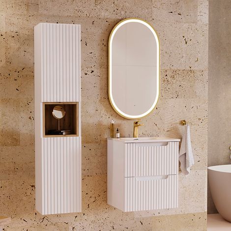 Ensemble meuble simple vasque encastrée 50cm 2 tiroirs et colonne Riva Blanc et Bois (1/5)