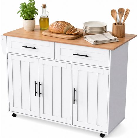 ELVMI Carro de Cocina con 2 Cajones 3 Nichos con Estante Abatible y Ruedas en MDF Blanco 129×46×91,5 cm (1/5)
