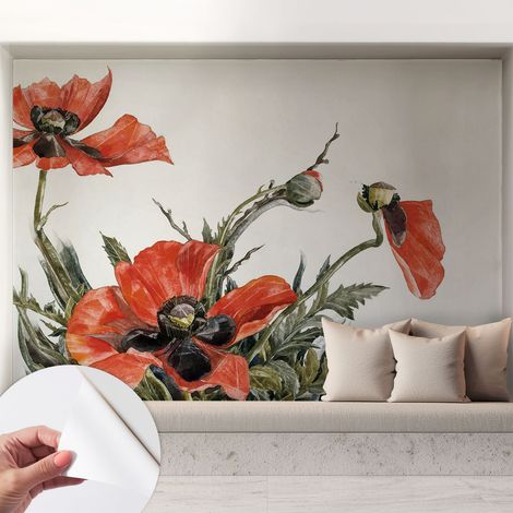 Papier peint adhésif avec colle pour décoration moderne de salon chambre à coucher cuisine et bureau Facile Coquelicots rouges 208x146 cm (1/5)
