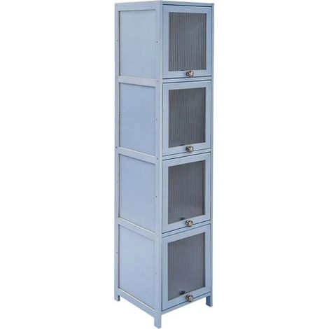 Armoire à 4 niveaux avec porte, Meuble Salle de Bain Bambou, petite armoire de rangement étroite, armoire d'angle au sol, pour Salon, Salle de Bain, Cuisine, Chambre à Coucher, 33x30x140cm, Gris