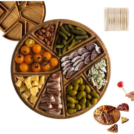 Bandeja de servir tipo puzle - Madera con compartimentos extraíbles, Bandeja de servir tipo puzle de madera de roble con compartimentos extraíbles, Bandeja de madera para frutas navideña para sala de (1/5)
