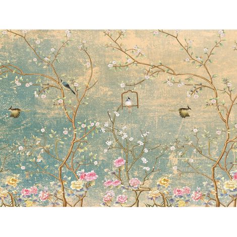 Poster intissé Thème Vintage Garden oiseaux et fleurs roses - 360 x 270 cm (1/3)