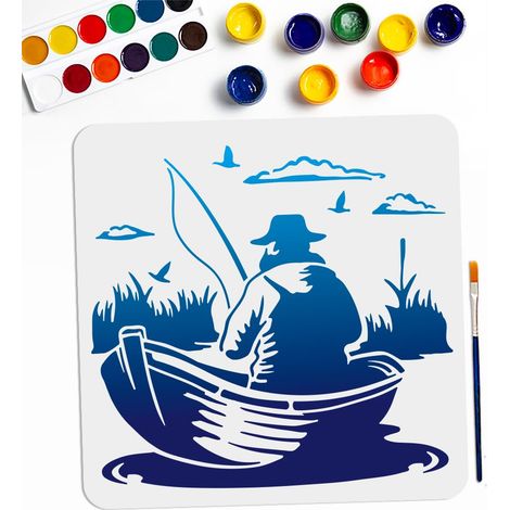 Pochoir de pêcheur en bateau de pêche 30 x 29 cm Grand pochoir oiseau volant en roseaux avec pinceau - Modèle de dessin de paysage de lac naturel pour murs en bois, toile, meubles, travaux (1/5)