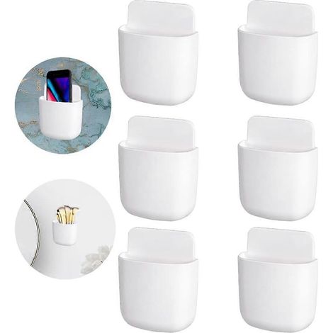 Support mural pour téléphone portable, boîte de rangement pour télécommande, stylo mural auto-adhésif (blanc) (1/5)