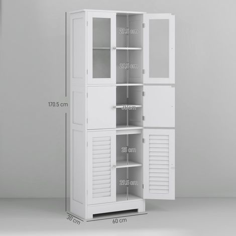 Meuble de salle de bains (3 placards, portes vitrées et persiennes), 60 x 30 x 170,5 cm, blanc (1/5)