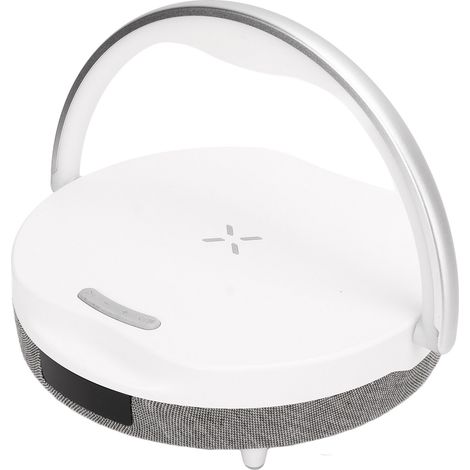 Lampe de nuit LED multifonctionnelle avec chargeur sans fil à intensité variable, réveil, haut-parleur et support pour téléphone portable (idéale comme cadeau). (1/5)