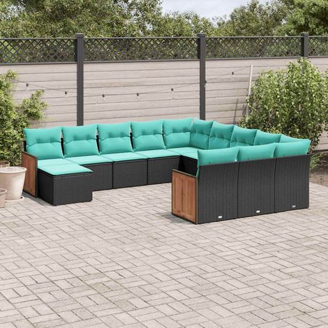 Salon de jardin modulable 12 pièces en résine tressée noire avec coussins bleus, 95kg - PANGIVO (1/5)
