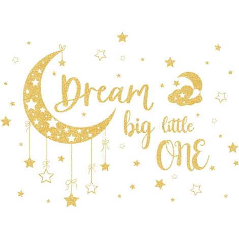 Stickers Muraux Dorées Lune et Étoiles Effet Pailleté Autocollants Muraux Citation "Dream Big Little One" Décoration Murale Amovible DIY pour Salon Chambre à Coucher et Bureau (1/5)