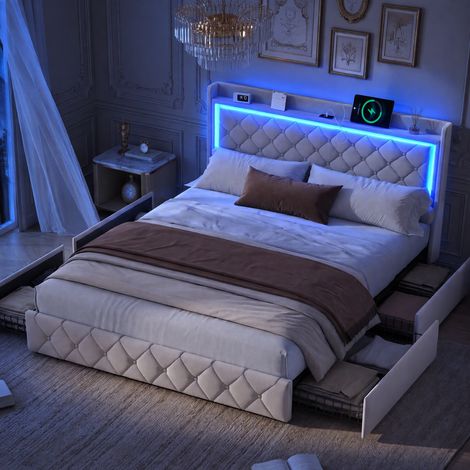 JOOKGBD-Letto matrimoniale 140x190cm, letto contenitore, letto giovanile, con 4 cassetti spaziosi, illuminazione LED, porta ricarica USB, rivestimento in velluto, rete a doghe robusta, beige (1/5)