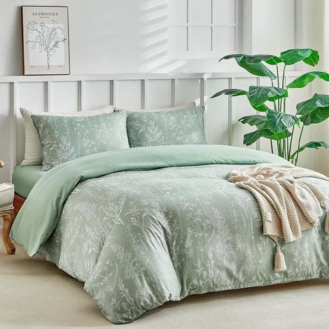 Ensemble de literie 4 pièces King-Size sauge motif floral microfibre avec drap-housse