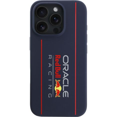 Coque rigide Red Bull RBHMP16X24SIOLRV pour iPhone 16 Pro Max 6,9 pouces, bleu marine, en silicone avec logo vertical et MagSafe.