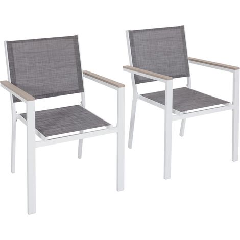 Avestar Gartenstühle 2er Set, Outdoor Stapelstühle, aus Metallgestell und Textilene mit Armlehnen aus Kunstholz, wetterfeste Esszimmerstühle, Grau und Weiß