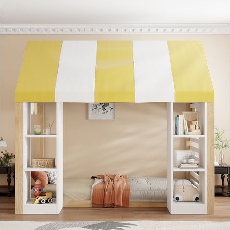 MEUBLIV Cama infantil 90x200 cm blanca y natural con dosel y almacenaje abierto (1/5)