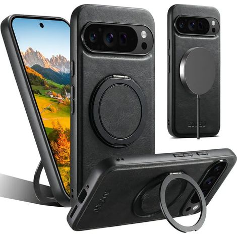 (Noir, Google Pixel 9a) Étui de protection en cuir avec support rotatif à 360°, résistant aux empreintes digitales, offre une protection complète. (1/5)