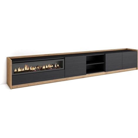Skraut Home - Mueble TV, Televisión, 310x37x50cm, Para TV hasta 80", Chimenea eléctrica, Negro y roble (1/5)