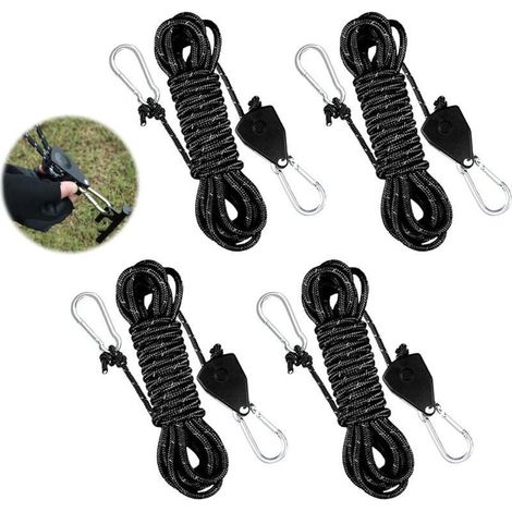 4 Pièces Cordes à Cliquet Réglable, 4m x 4mm Corde de Tente Réfléchissante, Corde de Haubanage de Tente avec Tendeur de Corde, Corde de Camping Légère à Cliquet, Ratchet Ropes pour Tentes, Auvents (1/4)