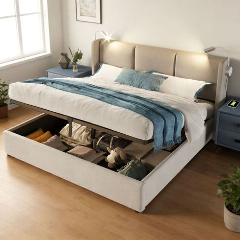 Lit coffre 160x200cm avec rangement, Lit 160x200 avec sommier à lattes, 2 lampes de lecture et ports USB, lit double capitonné en tissu lin, Beige (1/5)