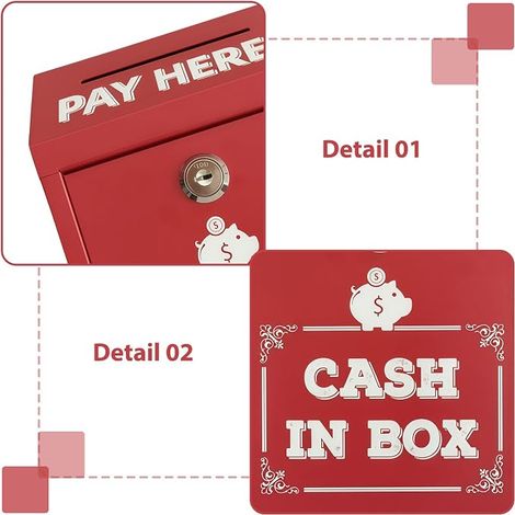 Money Box with Key:Metal Cash Box with Key Lockable Wall Mounted Gift Box Proposal Safe Box for Home Office Outside Door (Red) (1/4)