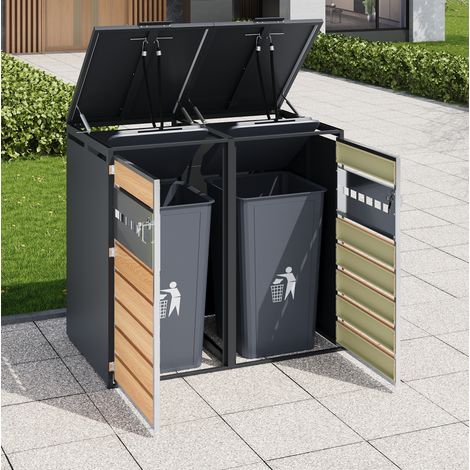 Cache-poubelles extérieur 2 bacs en acier galvanisé, verrouillable, gris effet bois HAVRYA (1/5)