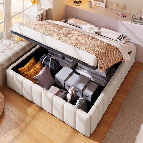 Lit rembourré 140x200 cm en lin beige avec coffre hydraulique, sans tête de lit, sans matelas (1/5)