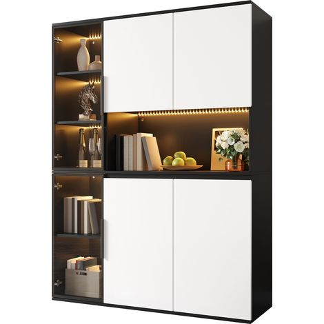 Armoire haute, vitrine, buffet, style noir et blanc, éléments en verre, éclairage LED intégré, structure en MDF, grand espace de rangement, meuble de salle à manger, meuble de salon (1/5)