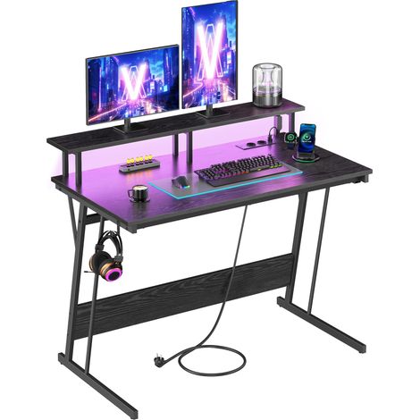 Bureau Gaming avec LED et Multiprise, Table Gamer, Bureau Informatique avec Rehausseur d’Écran, pour 2 Ordinateurs, Chambre, 100 x 55 cm, Noir Boisé (1/5)