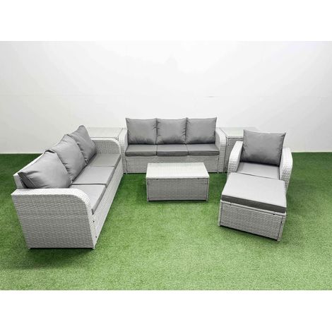 Fimous 8 Seater Poly Rattan Outdoor Garden Furniture Sofa Set Patio 3 Seater Sofa Reclining Chair 3 Seater Sofa Big Footstool 2 Side Table Light Grey (1/4)