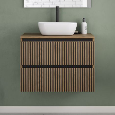 Meuble de salle de bain 60cm avec plateau et vasque à poser arrondie - 2 tiroirs - sans miroir - noyer (bois foncé) - VENERIA