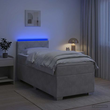 Cama con Base Tapizada, Colchón y Luz LED Gris Claro (1/5)